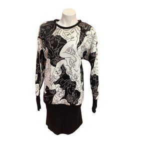 Vintage 1980's-90's Crescendo Black and White Portrait Print Tunic Dress- M/L
